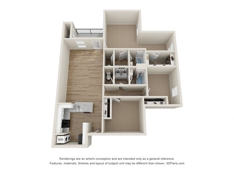 Floor plan for 3 beds, 2 baths, 1290 sqft